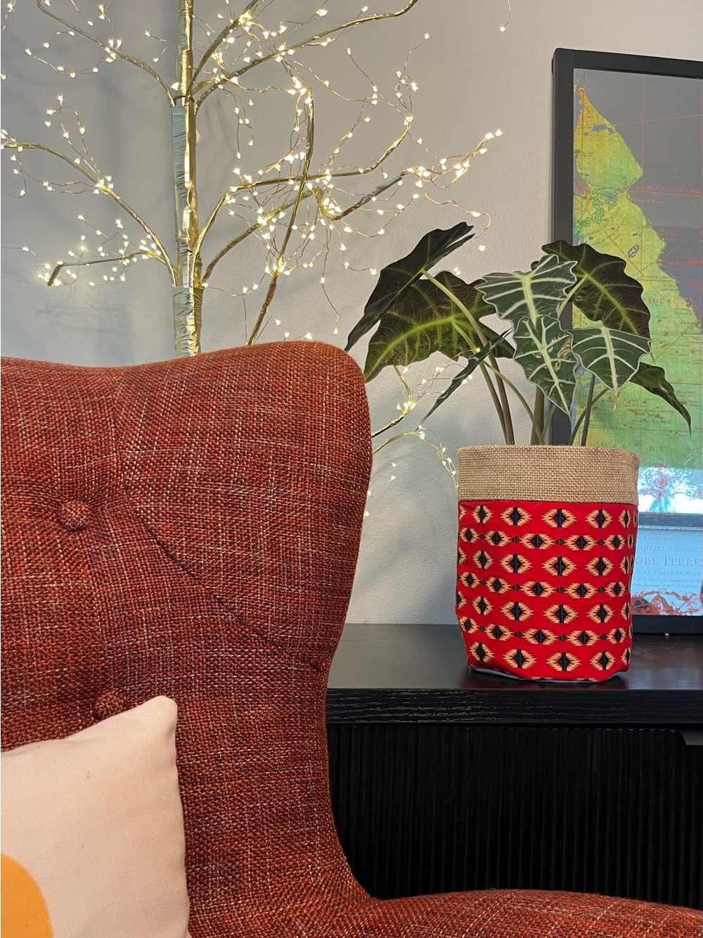 Handcrafted Red Geometric Woven Planter Bag - Home Accents